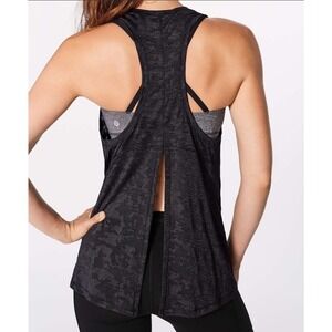 Lululemon‎ 6 Miles Ahead Tank Black Camo Sheer Open Back Activewear W1ANGS